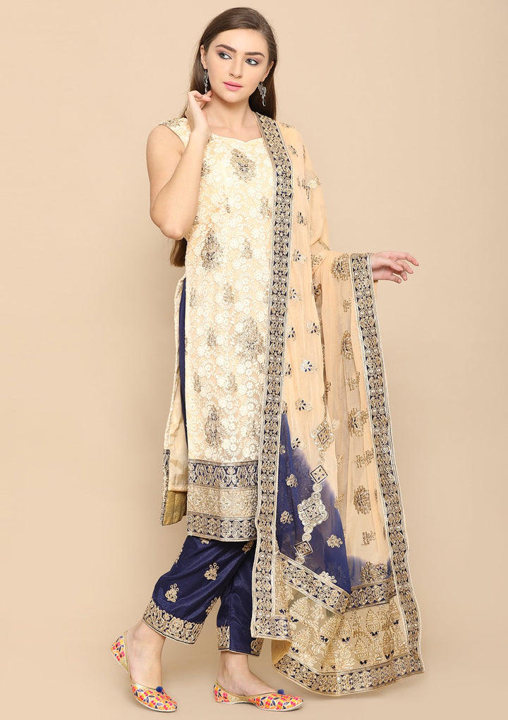 Beige and blue designer salwar suit-Koskii