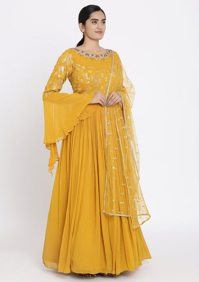 Mustard Sequins Georgette Designer Gown - koskii
