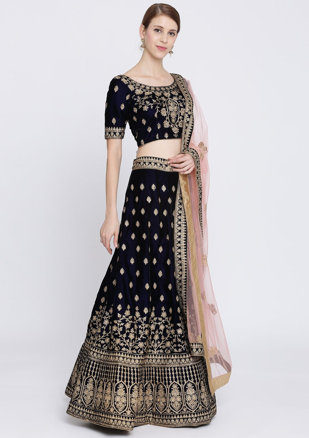Navy Blue Zariwork Velvet Designer Lehenga-Koskii