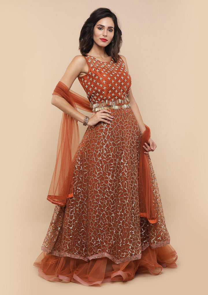 Rusty Orange Sequinned Silk Designer Lehenga-Koskii