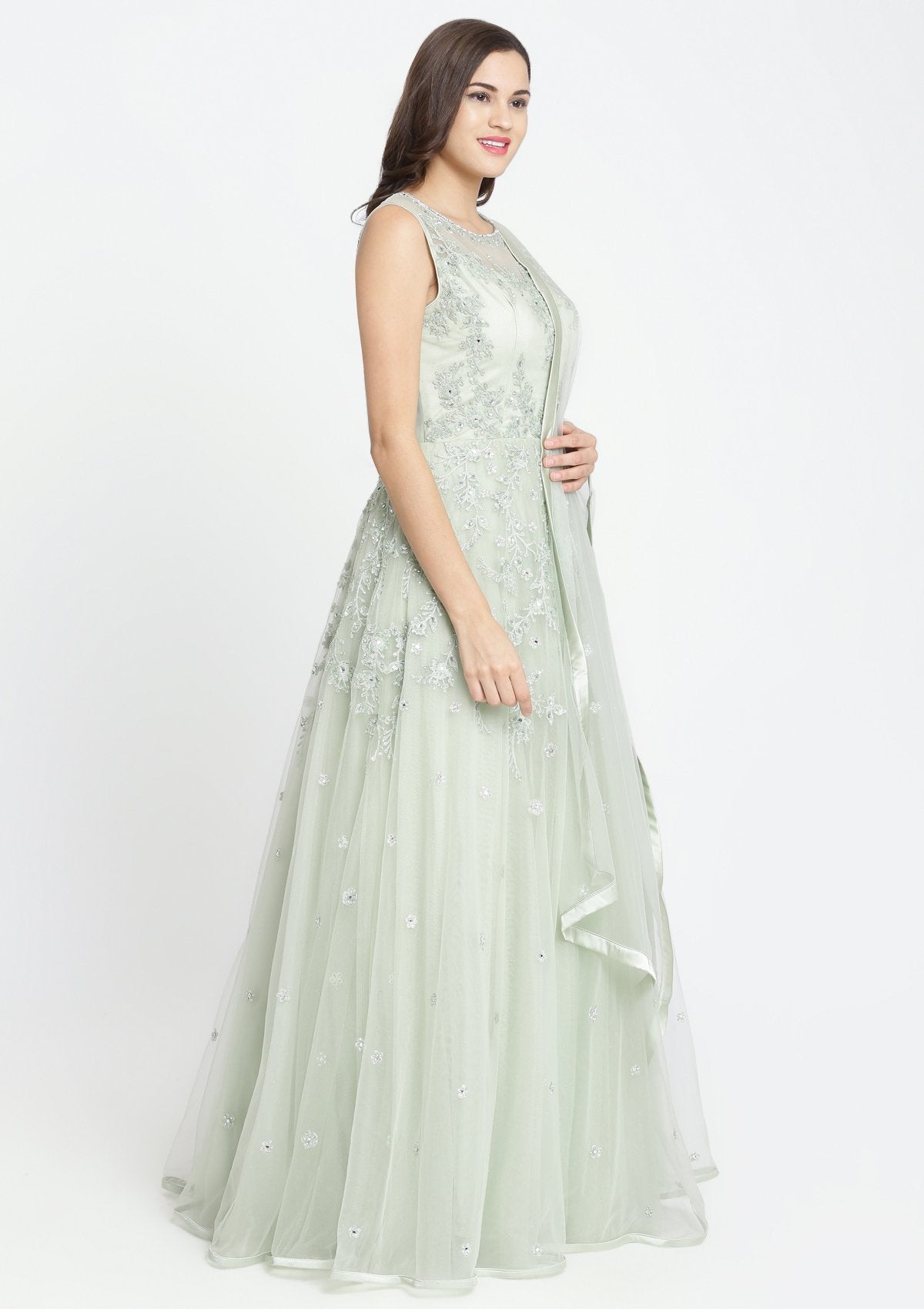 Pista Green Threadwork Net Designer Gown-Koskii