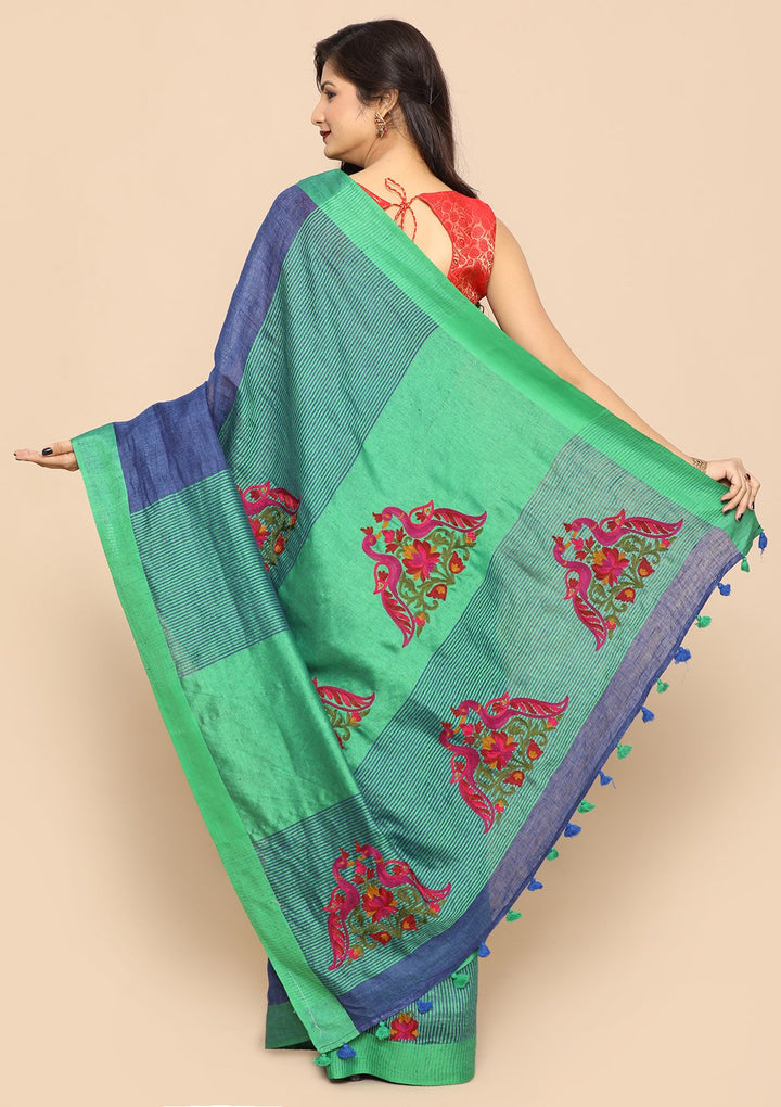 Green and Blue Chequered Handmade Saree-Koskii