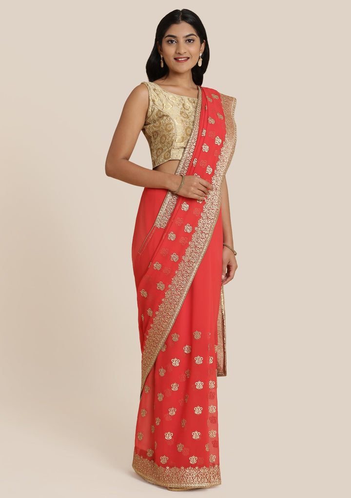 Red Zariwork Chiffon Designer Saree-Koskii
