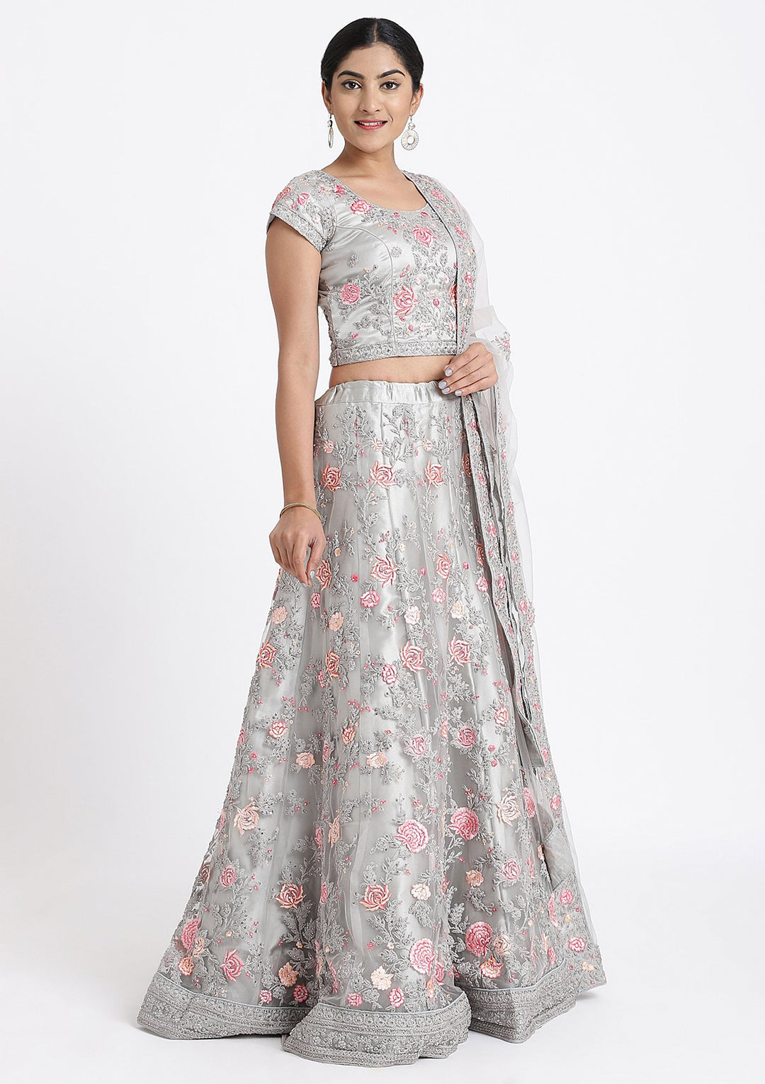 Silver Threadwork Net Designer Lehenga-Koskii