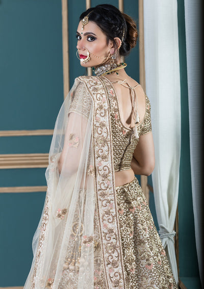 Beige Silk Zardozi Work Designer Lehenga-Koskii