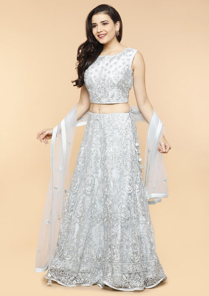 Steel Grey Threadwork Net Designer Lehenga-Koskii