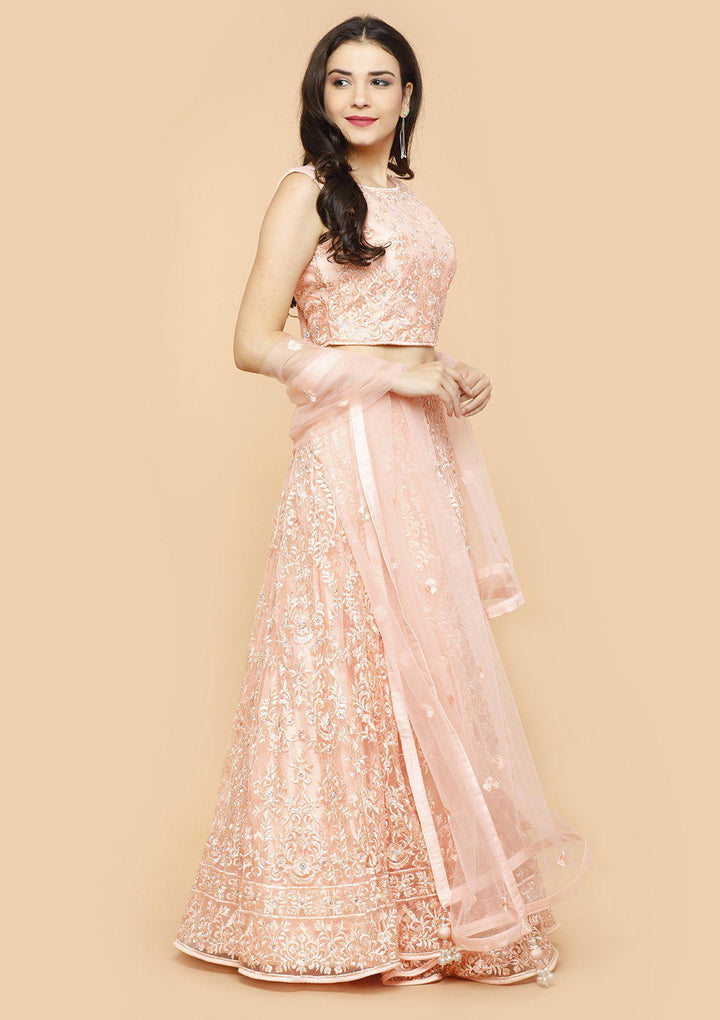 Peach Threadwork Net Designer Lehenga-Koskii