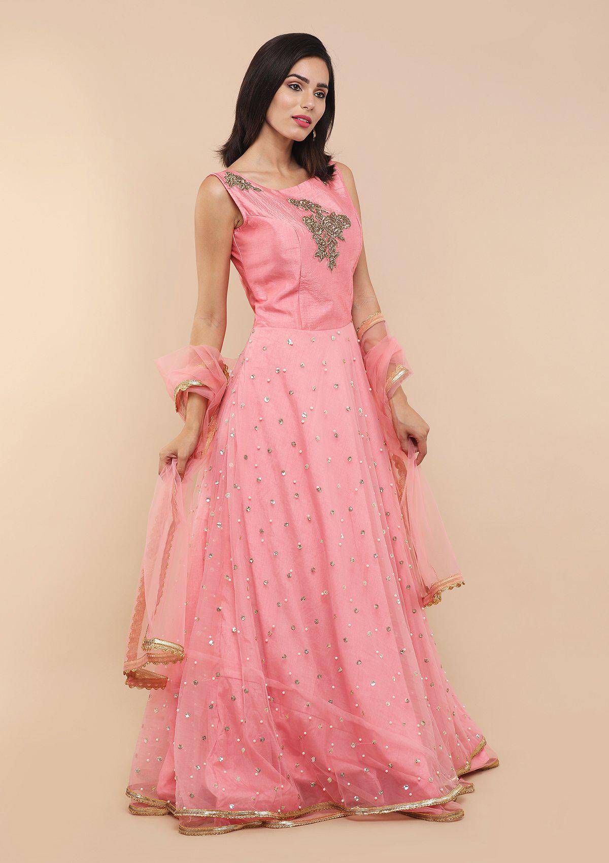 Pink Zardozi Floral Motif Designer Gown-Koskii