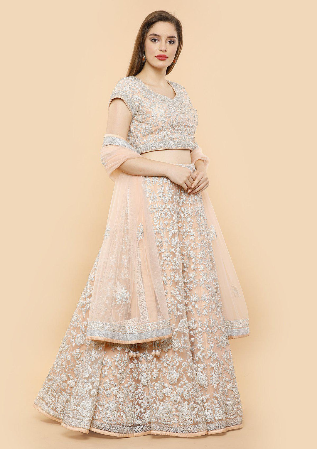 Peach Thread Work Net Designer Lehenga-Koskii