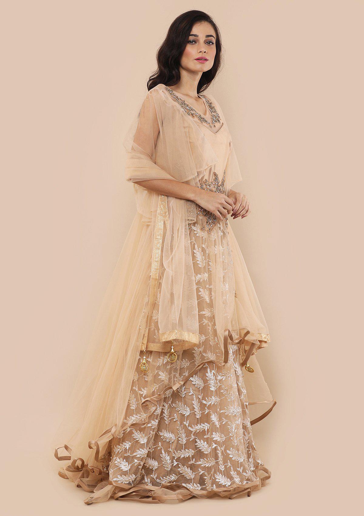 Beige Pearl Studded Satin Designer Gown-Koskii