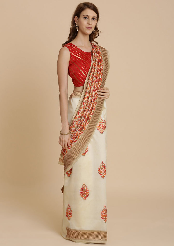 Red and Cream Thread Work Art Silk Designer Saree-Koskii