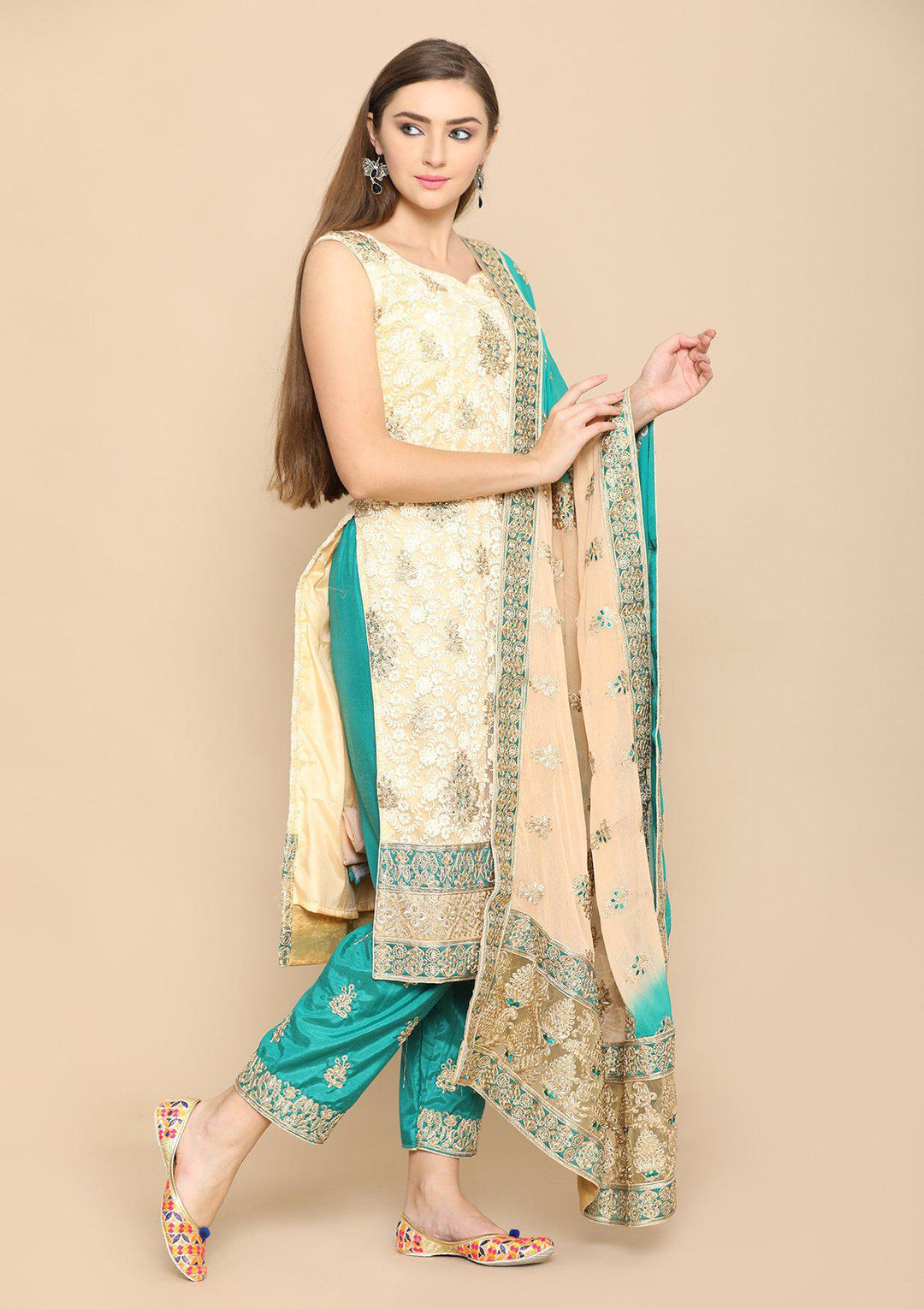 Beige and green designer salwar suit-Koskii