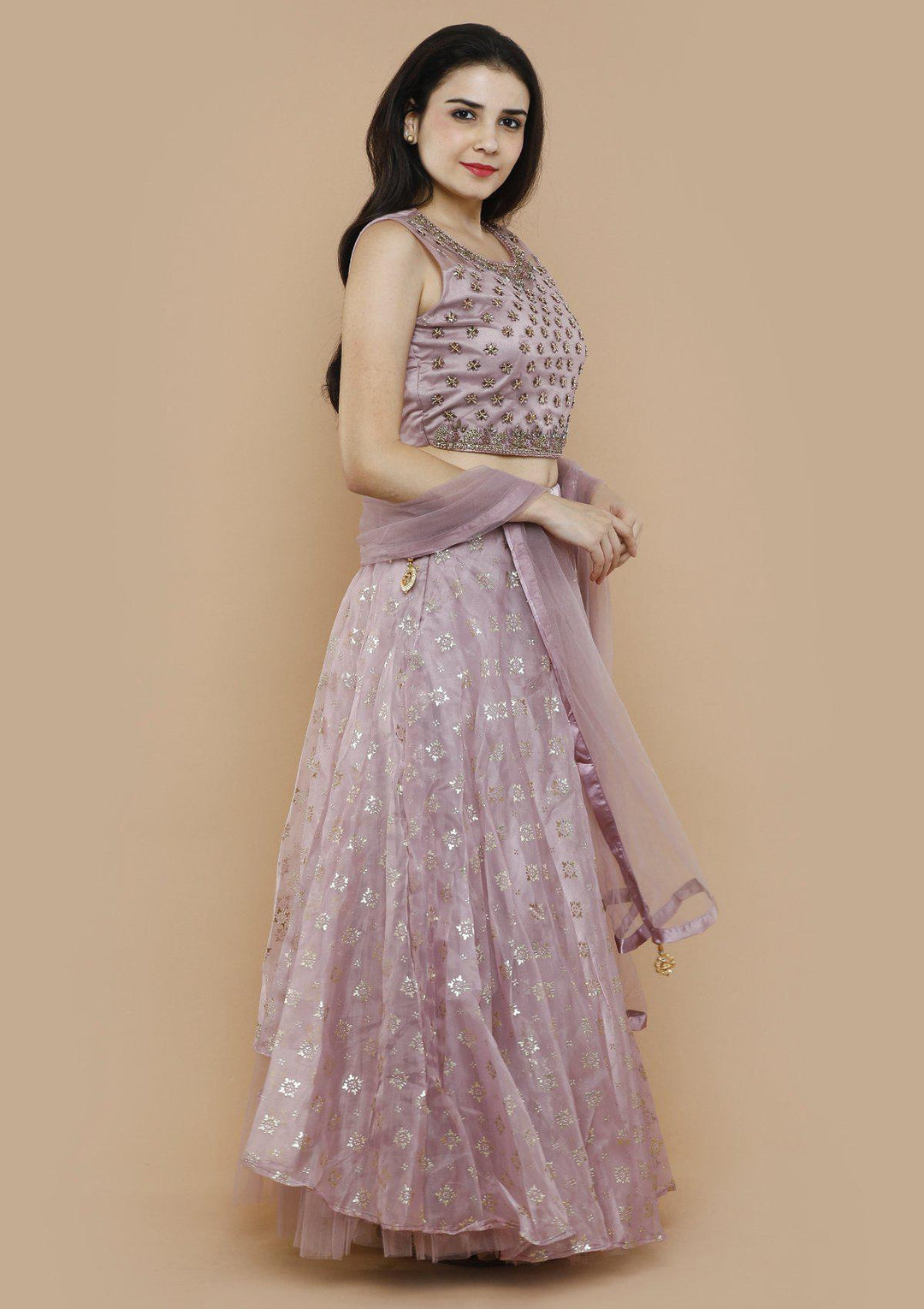 Lavender Sequinned Tissue Silk Designer Lehenga-Koskii