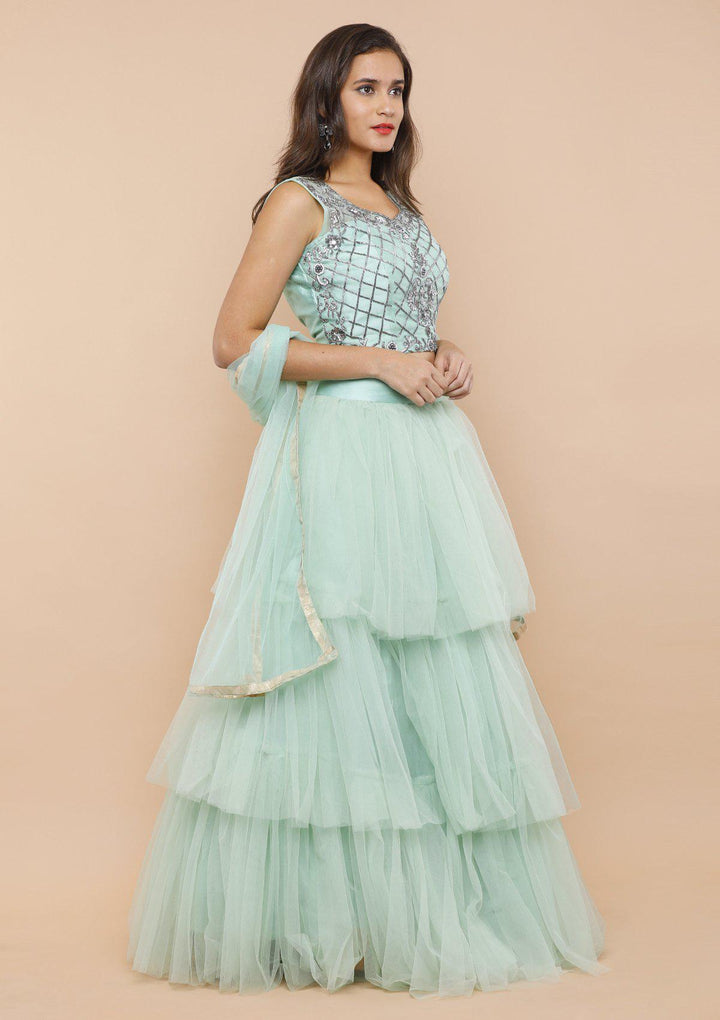 Sea Green Ruffled Net Designer Lehenga-Koskii