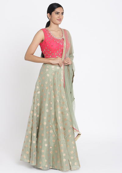 Pista Green And Pink Mirrorwork Tissue Designer Lehenga - koskii