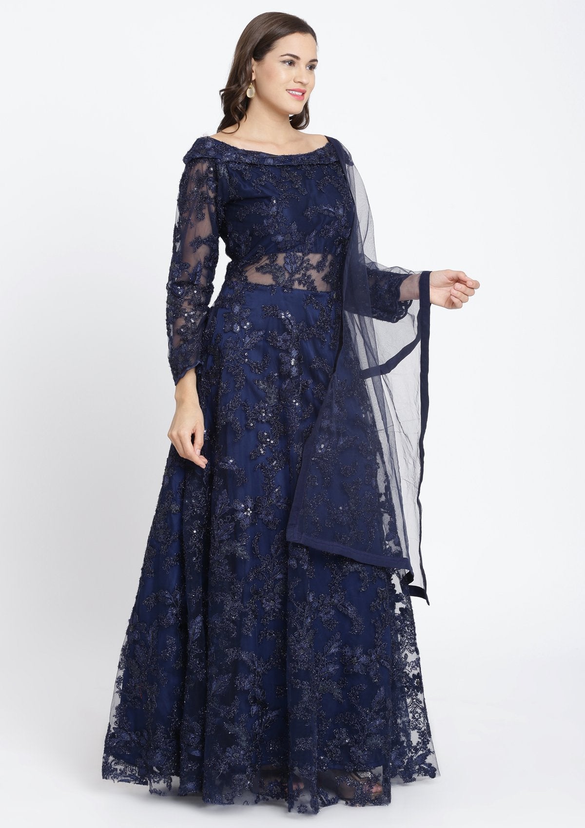 Navy Blue Sequinned Net Designer Gown-Koskii