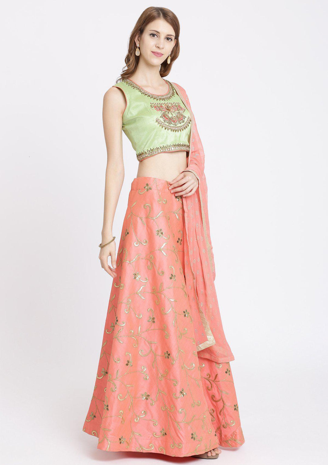 Baby Pink Mirrorwork Rawsilk Designer Lehenga-Koskii