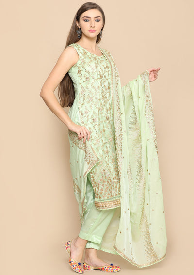 pista green and gold designer salwar suit-Koskii