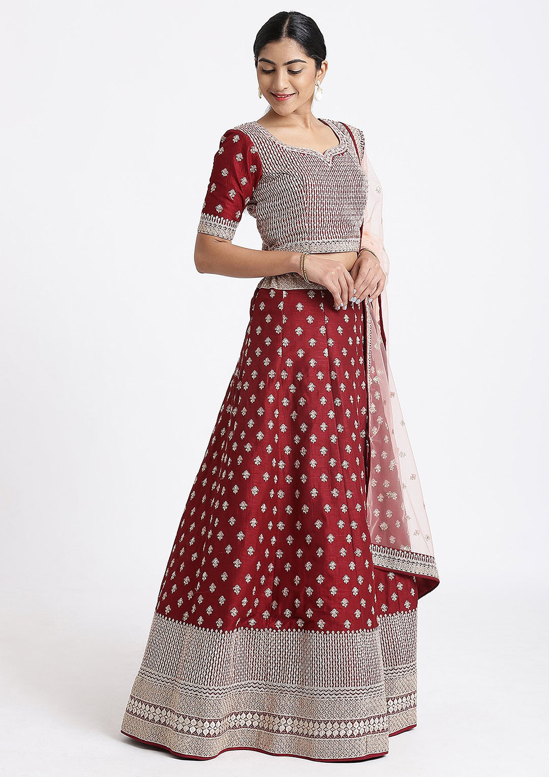 Maroon Zari Work Rawsilk Designer Lehenga-Koskii