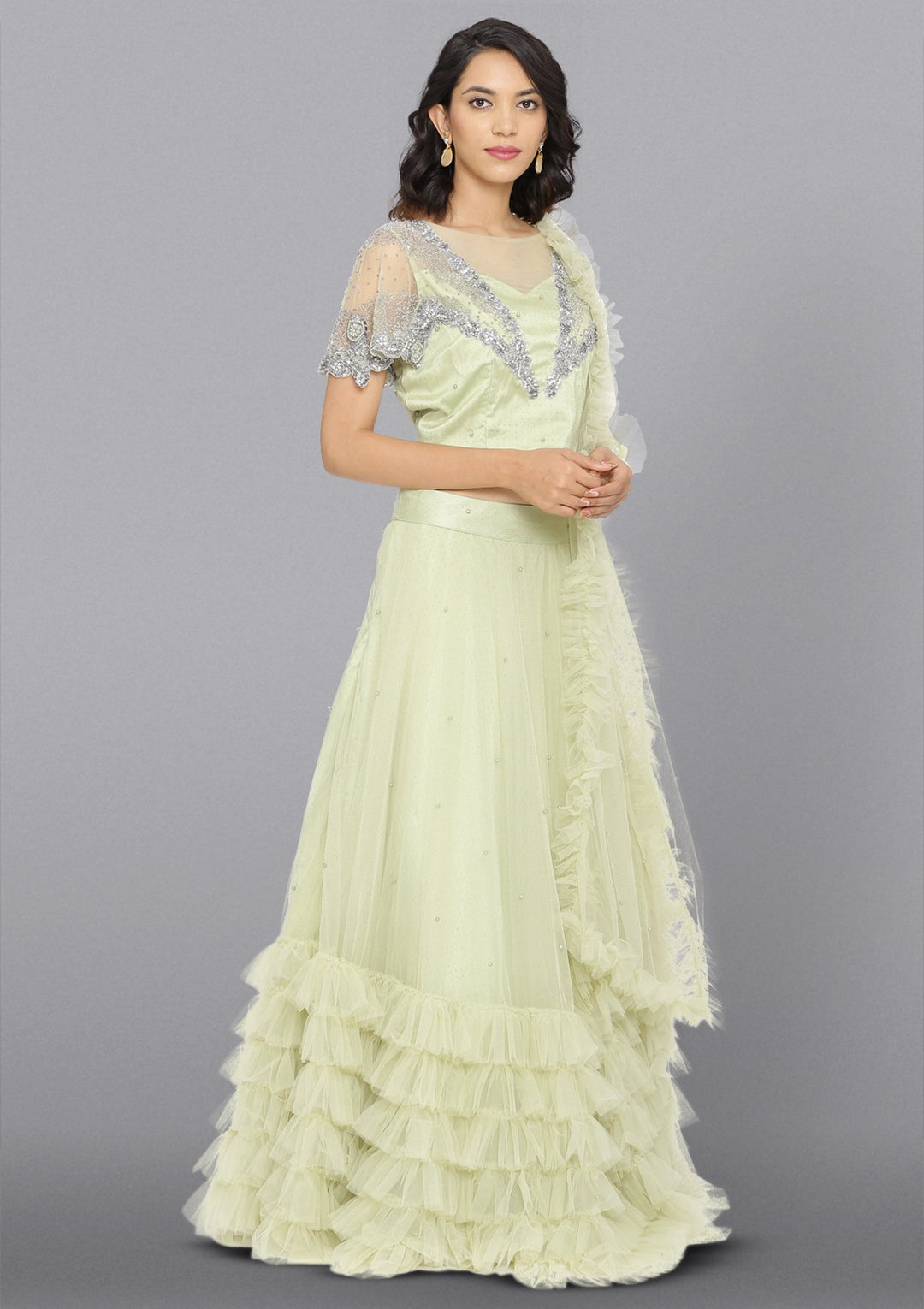 Pista Green Cutdana Net Designer Lehenga-Koskii