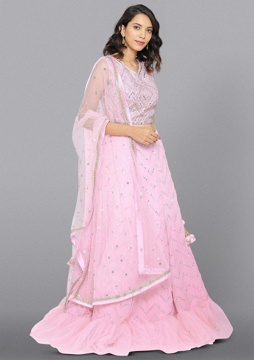 Baby Pink Mirrorwork Net Designer Lehenga-Koskii