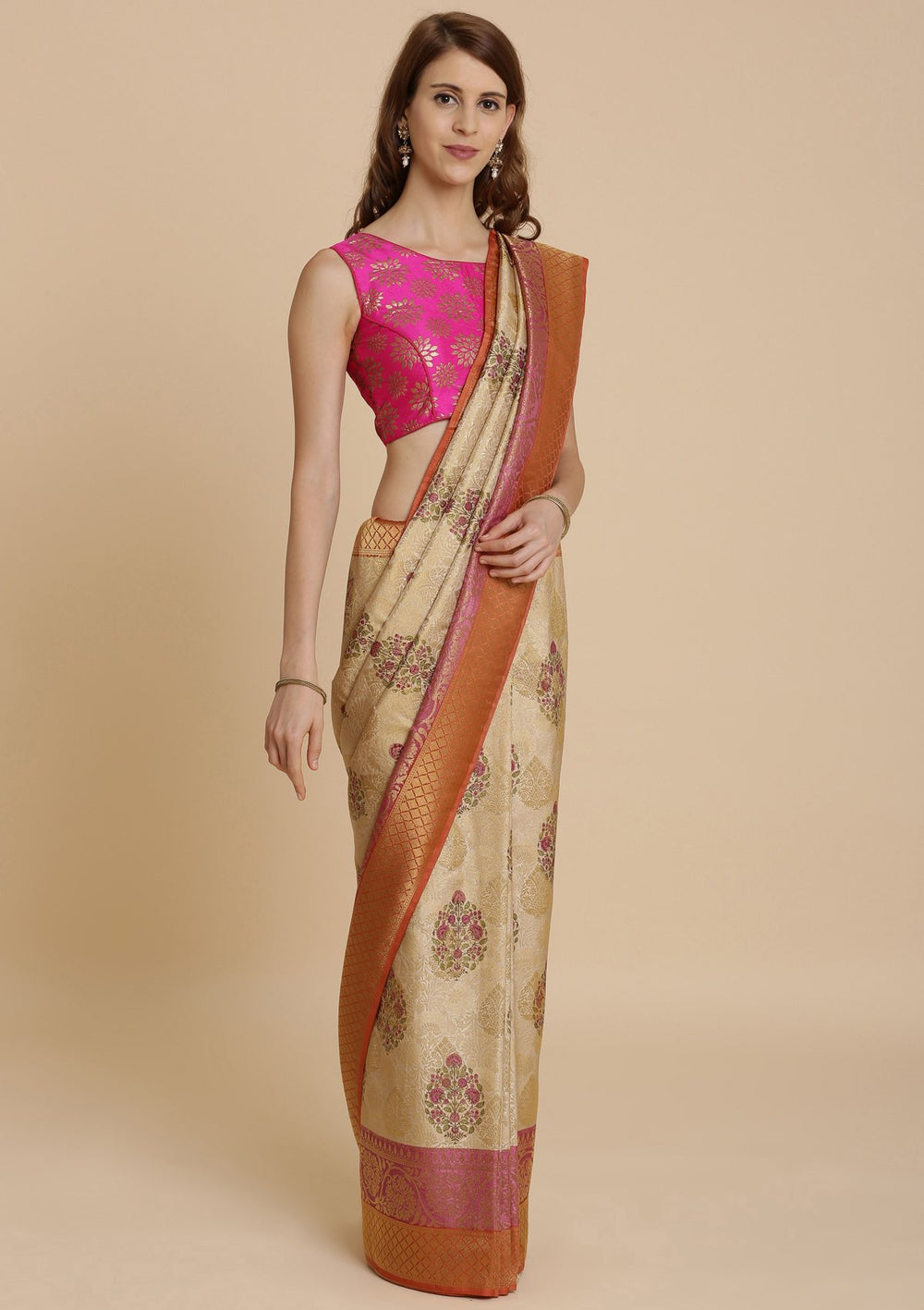 Orange and Cream Art Silk Designer Saree-Koskii