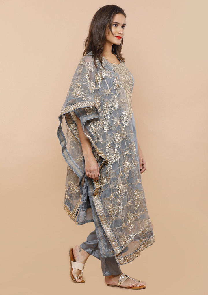 Grey Stone Work Chanderi Silk Designer Salwar Suit-Koskii