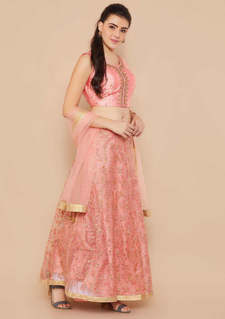 Pink Sequinned Net Designer Lehenga-Koskii