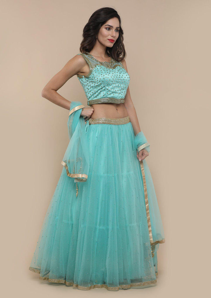 Sea Green Pearl Work Net Designer Lehenga-Koskii