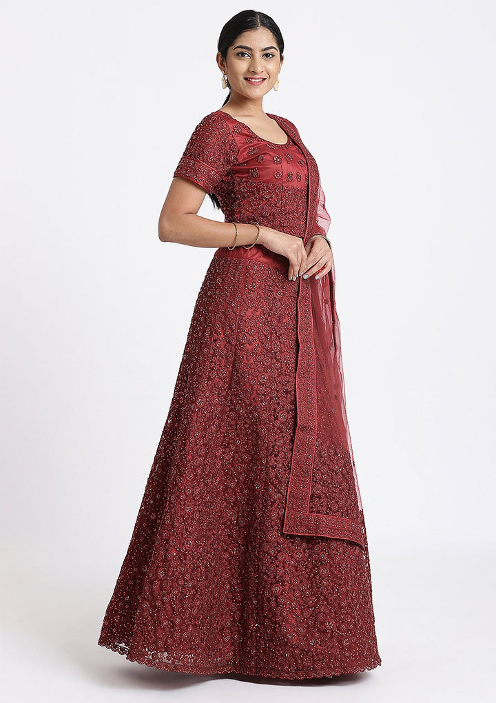 Maroon Stone Work Net designer Lehenga-Koskii