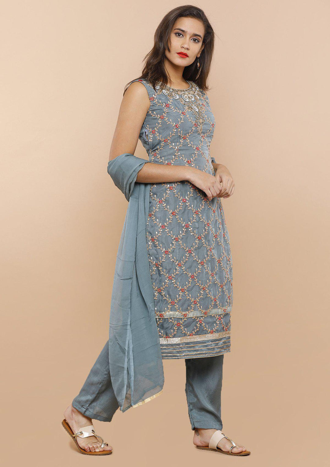Grey Embellished Tissue Silk Designer Salwar Suit-Koskii