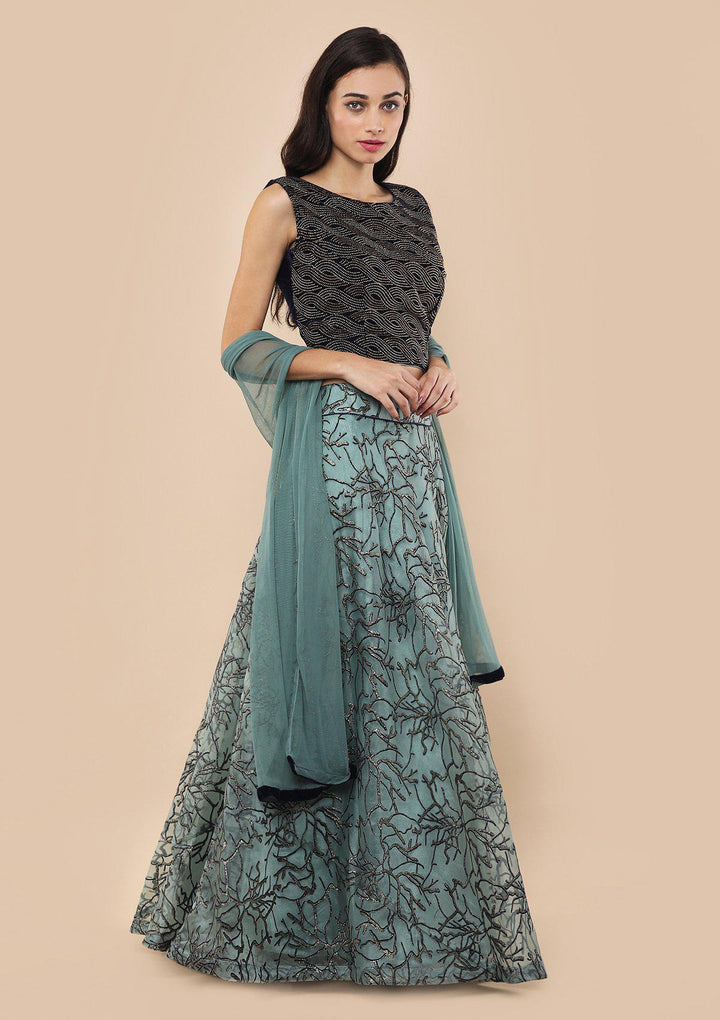 Teal Green Shimmer Appliqu???Ìâ?å©d Velvet Designer Lehenga-Koskii