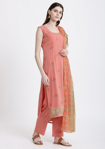 Peach Zari Work Georgette Designer Salwar Suit-Koskii