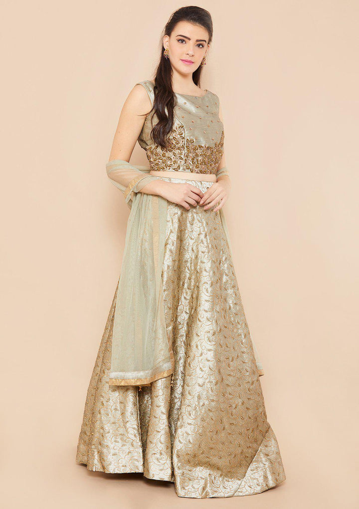 Silver Stonework Rawsilk Designer Lehenga-Koskii