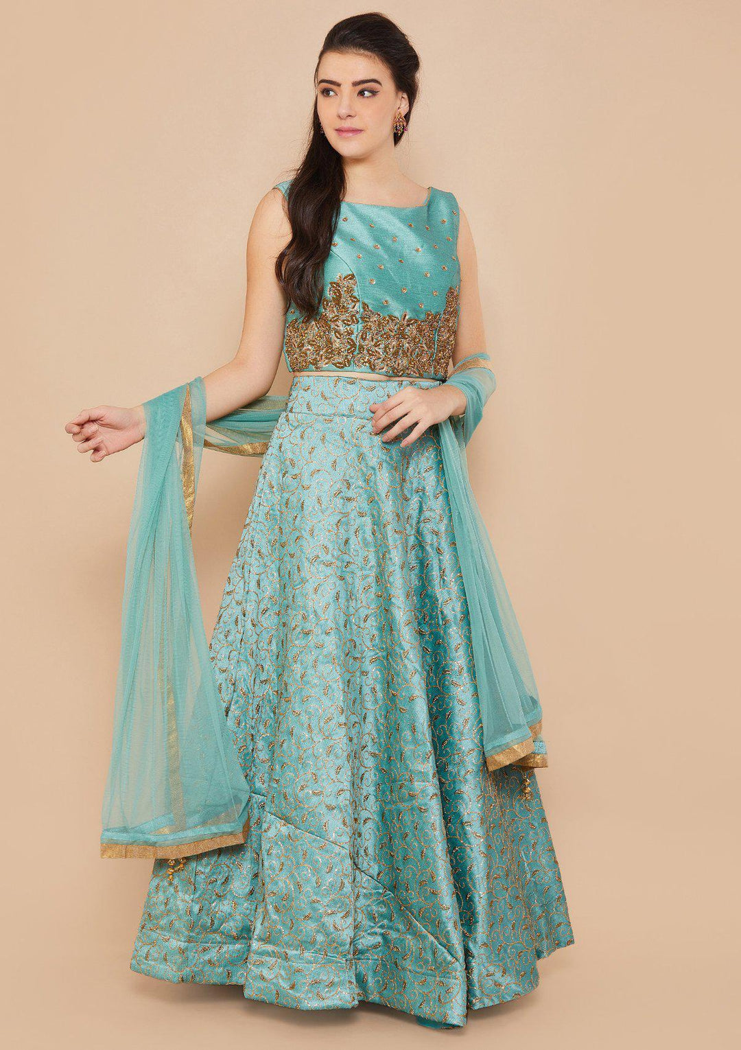 Teal Stonework Raw-Silk Designer Lehenga-Koskii