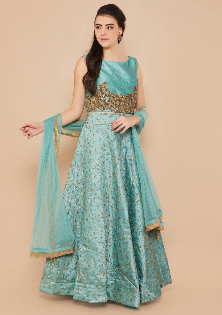 Teal Stonework Raw-Silk Designer Lehenga-Koskii