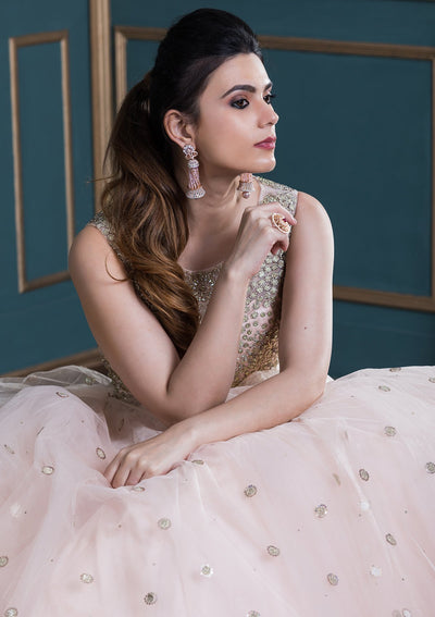 Peach Pink Embellished Net Designer Gown-Koskii