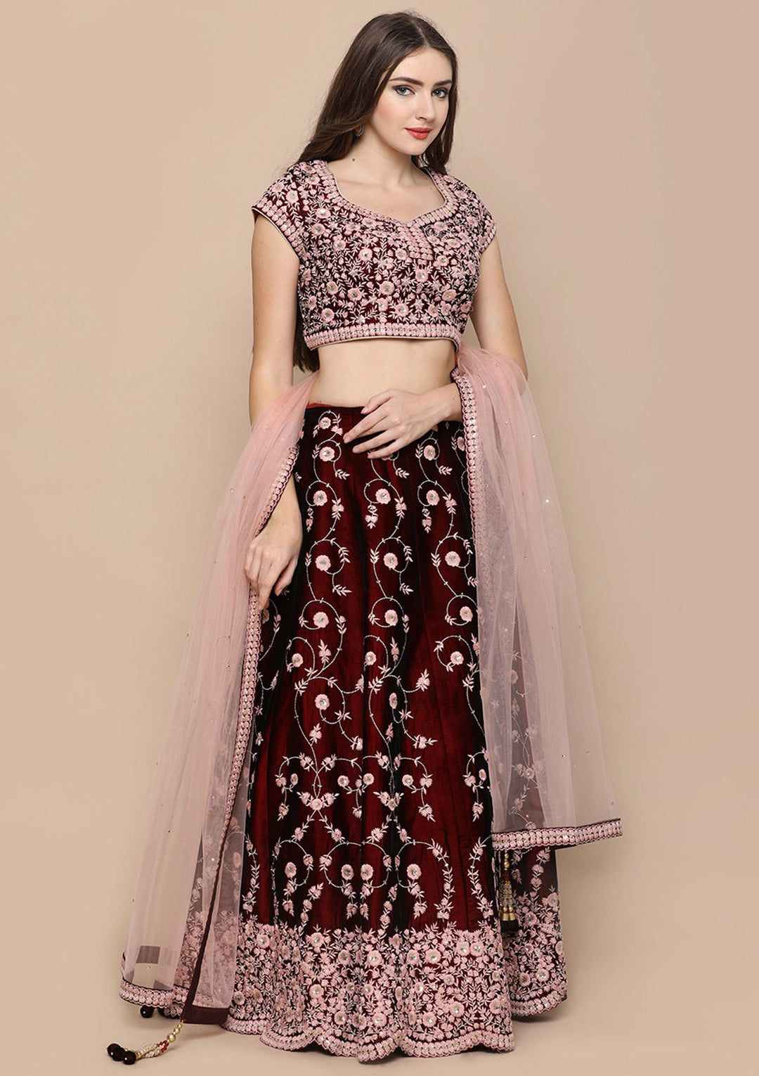 Pink Zari Work Velvet Designer Lehenga-Koskii