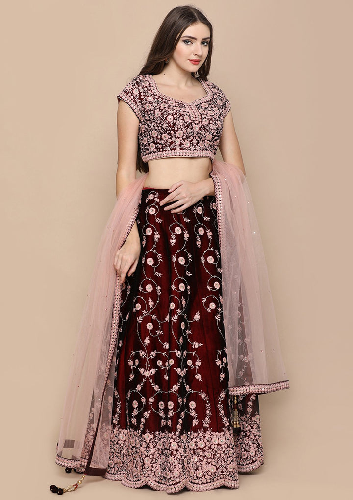 Pink Zari Work Velvet Designer Lehenga-Koskii