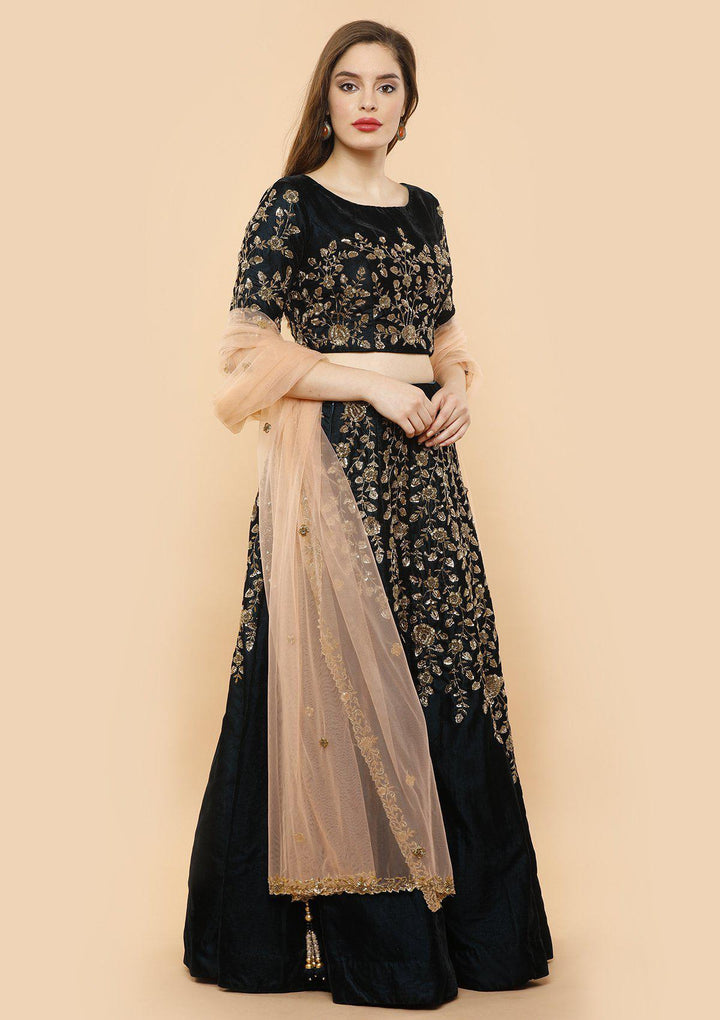 koskii forest green zari velvet bridal lehenga-Koskii