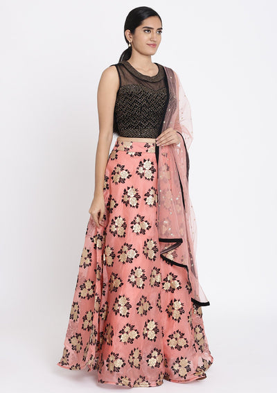 Pink And Black Swarovski Tissue Designer Lehenga - koskii