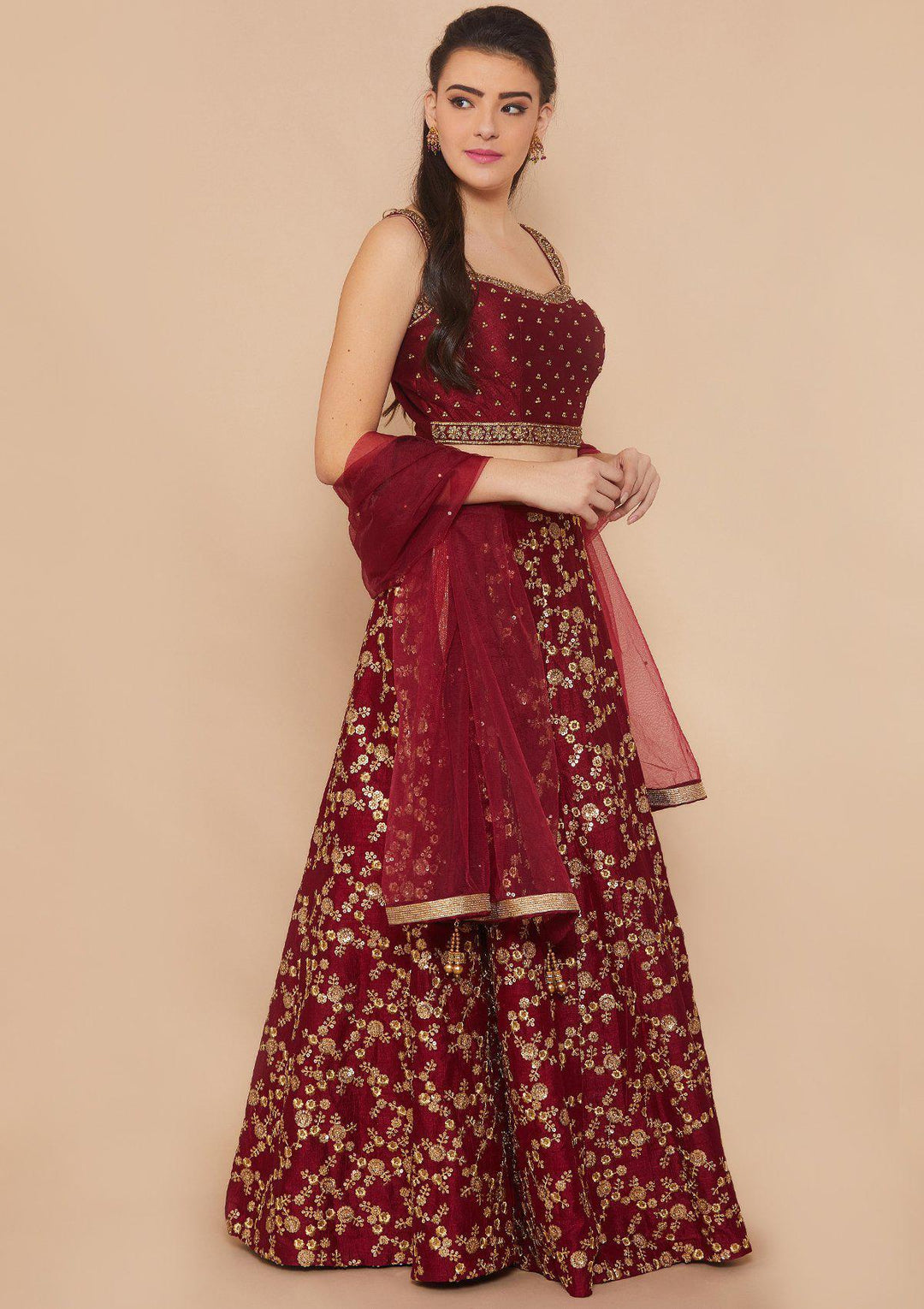 Crimson Stonework Raw-silk Designer Lehenga-Koskii