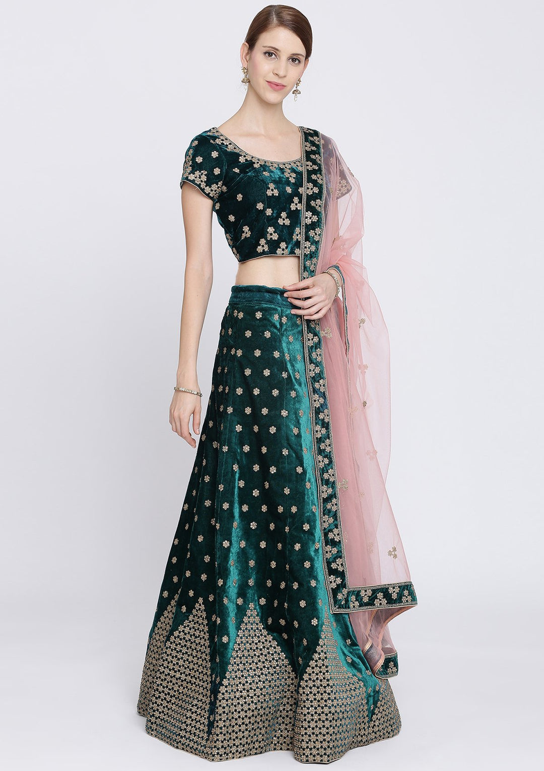 Pista Green Stonework Velvet Designer Lehenga-Koskii
