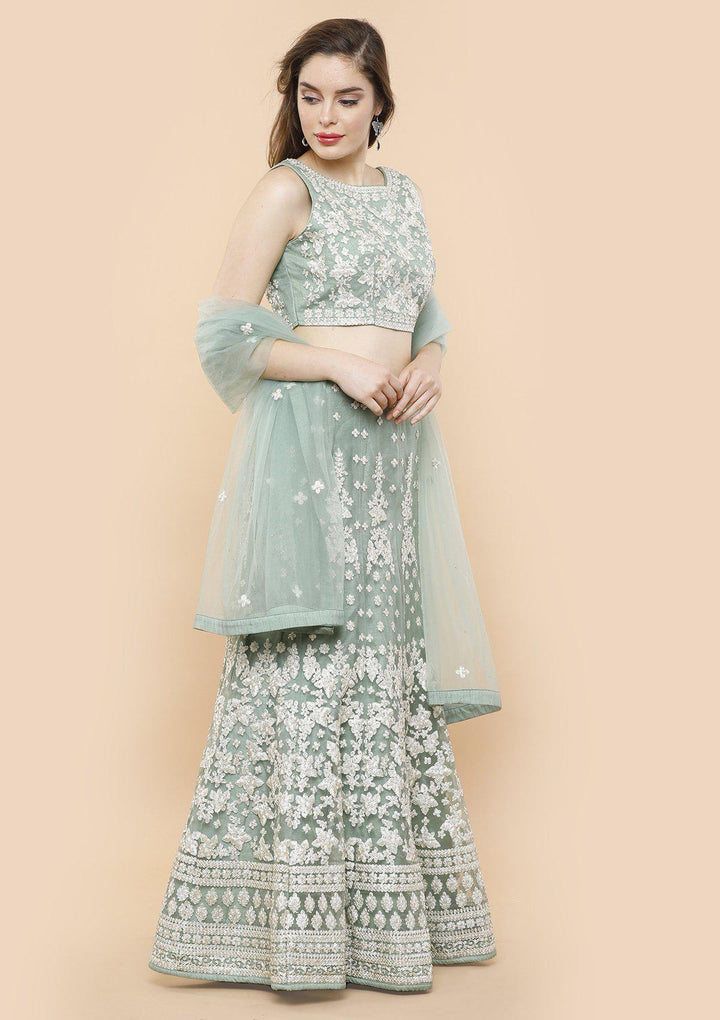 Teal Green Threadwork Net Designer Lehenga-Koskii