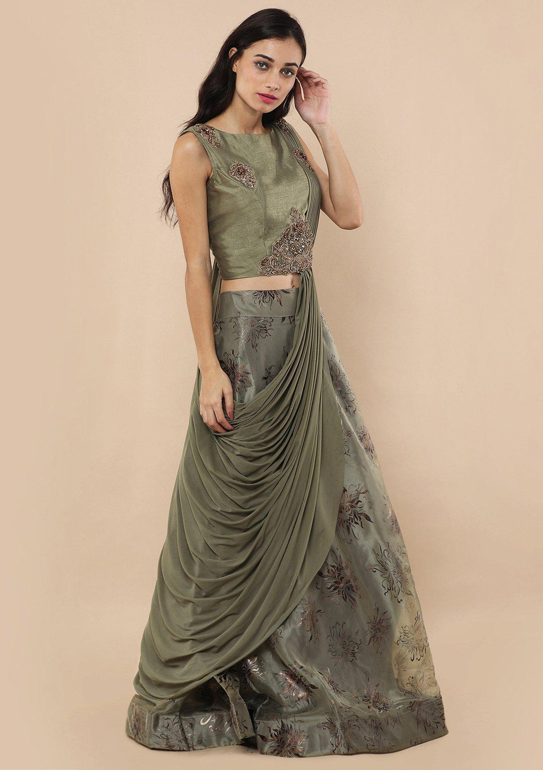 Sage Green Zardozi Work Tissue Designer Lehenga-Koskii