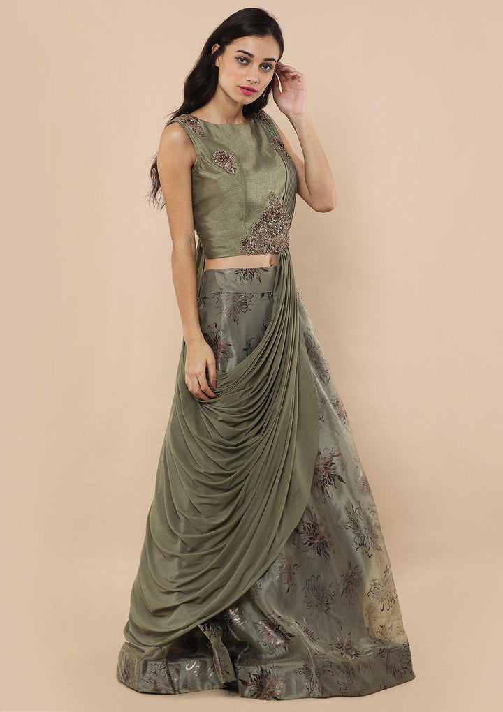 Sage Green Zardozi Work Tissue Designer Lehenga-Koskii