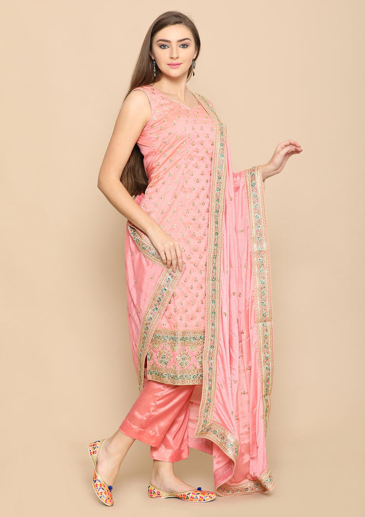 Pink Thread Work Raw Silk Designer Salwar Suit-Koskii