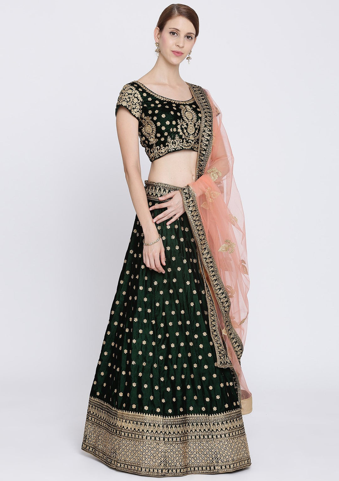 Bottle Green Zariwork Velvet Designer Lehenga-Koskii