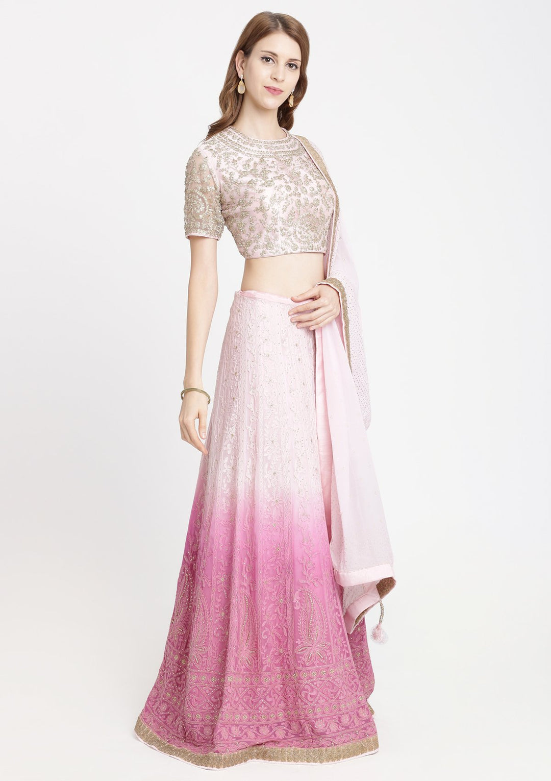 Pink Threadwork Chiffon Designer Lehenga-Koskii