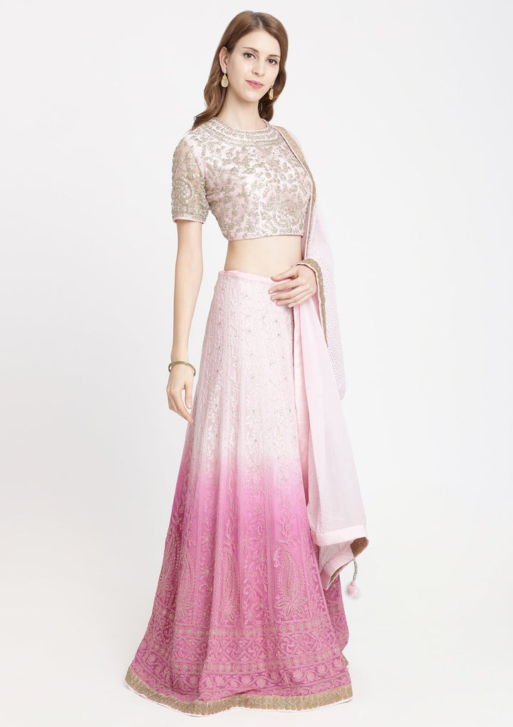 Pink Threadwork Chiffon Designer Lehenga-Koskii